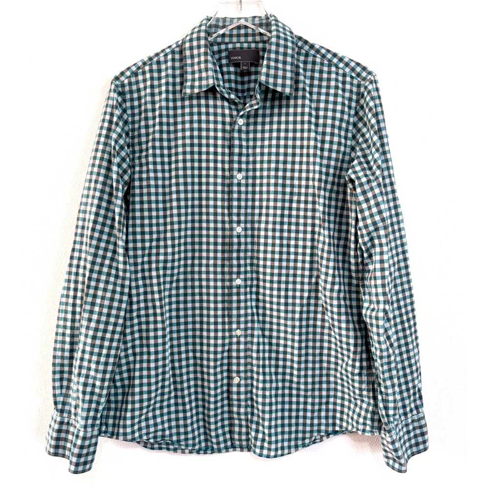 Vince Mens M Green White Gingham Plaid Check Long Sleeve Casual Button Up Shirt